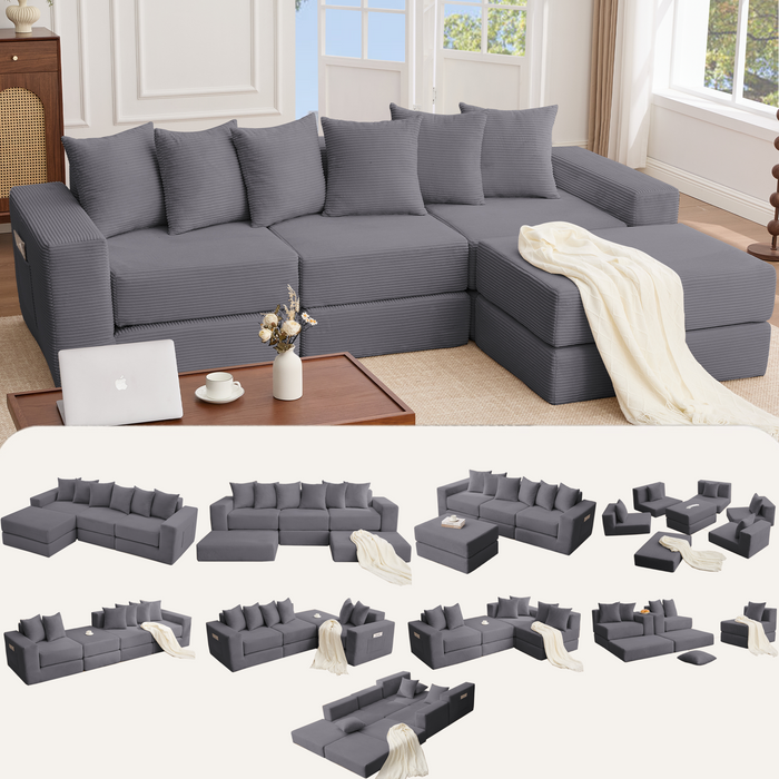 [NEW ARRIVED] [VIDEO PROVIDED]10-in-1 Convertible Sofa Sectional ,Corner Couch , Convertible Floor Sleeper Sofa,Corduroy,Side Pocket,No Assembly,DIY,L Shaped Modular Sofa,6 Pillows,Dark Gray