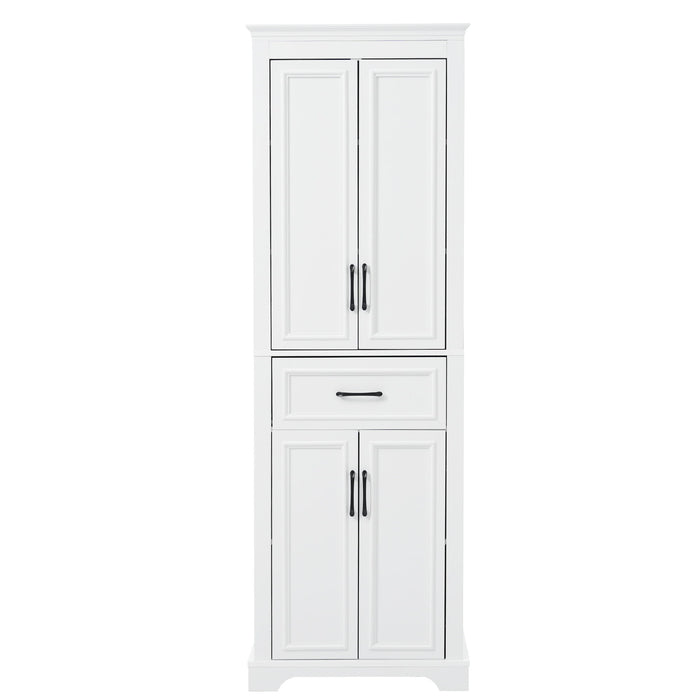 Giga freestanding linen cabinet with white finish, 4 doors, 1 drawer, adjustable shelves and damping hinges for bathroom storage.