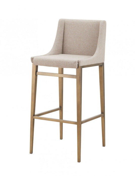 Set of two beige and gold stainless steel bar height chairs by HomeRoots, featuring modern design and comfortable seating.