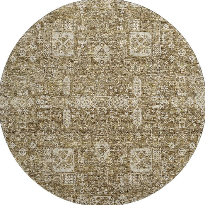 8' Floral Washable Round Rug With UV Protection (653359) - Brown / Ivory