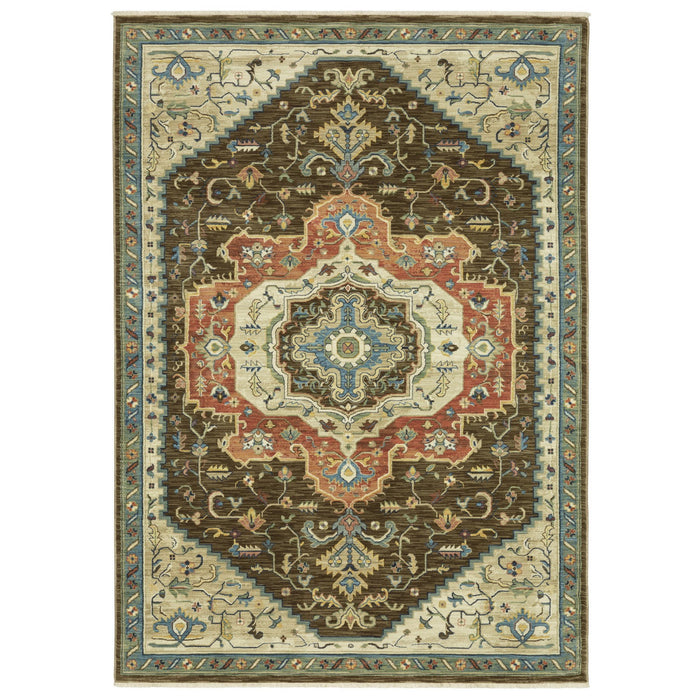10' X 13' Oriental Area Rug With Fringe - Brown And Orange