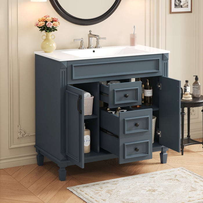 Blue 36-inch Giga bathroom vanity with sink, basin on cabinet, soft-closing doors, and two drawers.