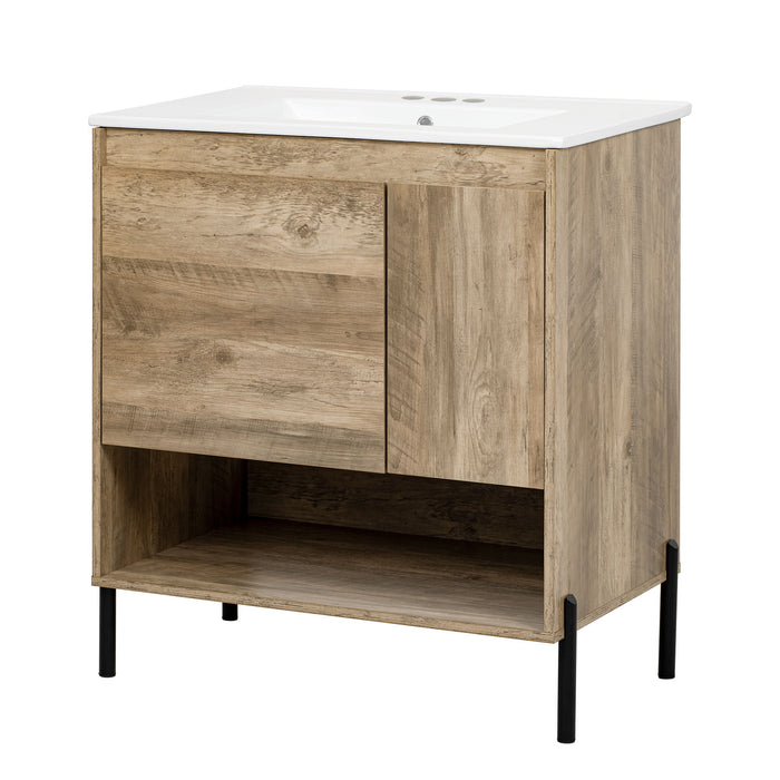 Giga bathroom vanity cabinet with sink, sliding drawer, soft-closing door, and open shelf in natural wood finish.