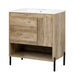 Giga bathroom vanity cabinet with sink, sliding drawer, soft-closing door, and open shelf in natural wood finish.