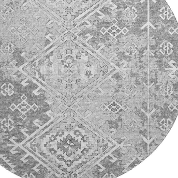 8' Geometric Washable Round Rug With UV Protection - Ash Gray And Ivory
