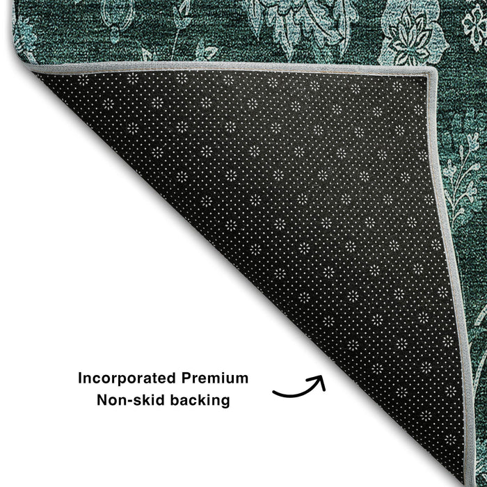 10' X 14' Floral Washable Area Rug With UV Protection (655944) - Teal / Ivory
