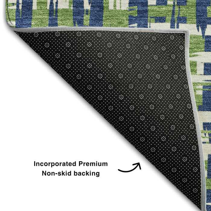 10' X 14' Abstract Geometric Washable Area Rug With UV Protection (683063) - Navy Blue / Ivory / Green
