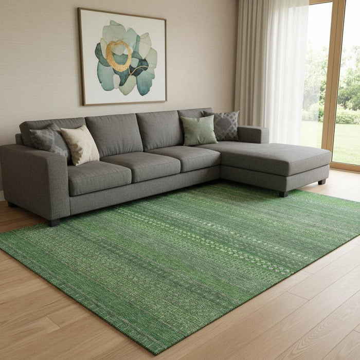 10' X 14' Striped Washable Area Rug With UV Protection (647506) - Fern Green / Ivory