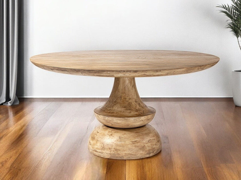 60" Rounded Solid Wood Pedestal Base Dining Room Table - Natural