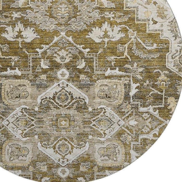 8' Floral Medallion Washable Round Rug With UV Protection - Brown