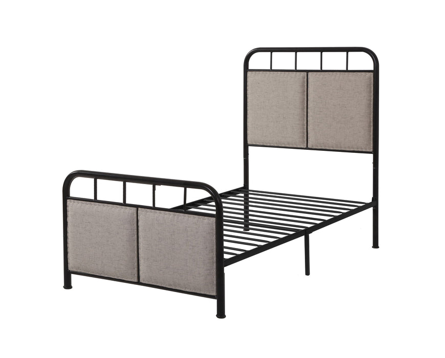 Twin size Giga linen upholstered platform bed frame with brown fabric headboard and footboard, metal structure, and clean design.