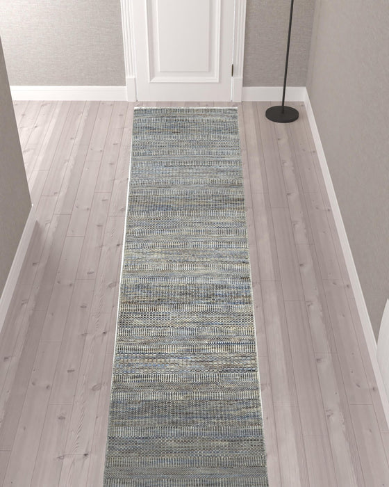 12' Wool Striped Hand Knotted Runner Rug - Silver