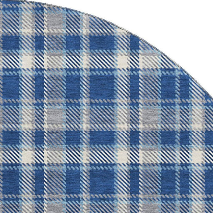8' Plaid Washable Round Rug With UV Protection (649447) - Navy Blue / Ivory