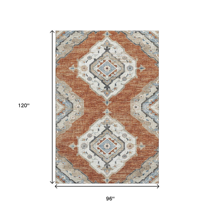 8' X 10' Tribal Distressed Washable Area Rug With UV Protection (644184) - Terra Cotta / Ivory / Blue