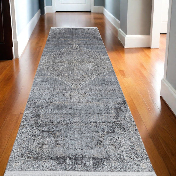 12' Abstract Power Loom Worn Faded Runner Rug - Gray And Silver