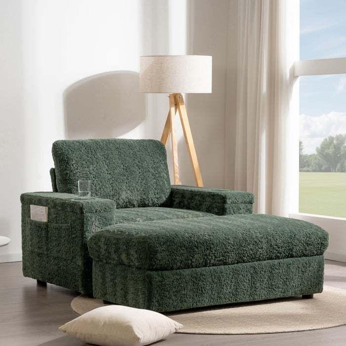 Giga oversized rabbit fur chaise lounge with deep seat, storage ottoman, armrests, and cup holders, perfect for indoor relaxation