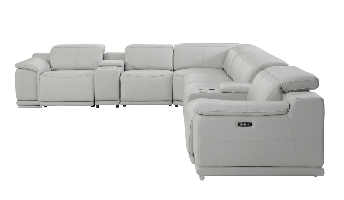 Italian Leather Power Reclining U Shaped 8 Piece Corner Sectional With Console - Light Gray