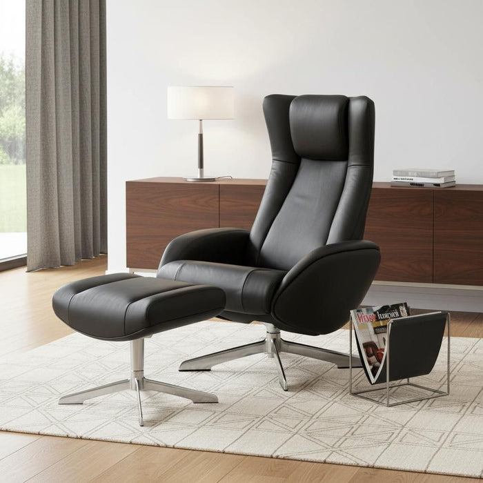 Black HomeRoots tufted genuine leather manual swivel recliner with matching ottoman, featuring plush cushioning and a sturdy base.