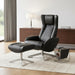 Black HomeRoots tufted genuine leather manual swivel recliner with matching ottoman, featuring plush cushioning and a sturdy base.