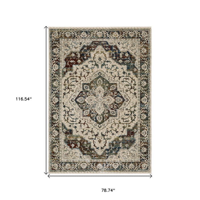 7' X 10' Medallion Area Rug With Fringe - Ivory And Red