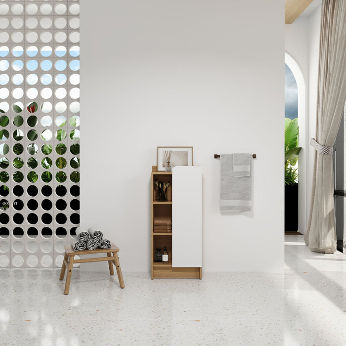 Giga black and light oak freestanding bathroom linen cabinet with a single door and three open shelves for storage.