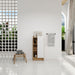 Giga black and light oak freestanding bathroom linen cabinet with a single door and three open shelves for storage.