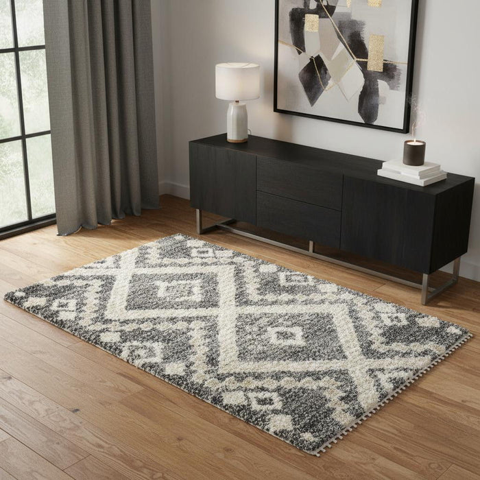 4' X 6' Geometric Shag Non Skid Area Rug With Fringe (552488) - Ivory / Gray