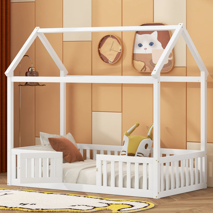 Giga wood house platform bed with fence and door for children, featuring a cozy, natural wood finish and playful design.