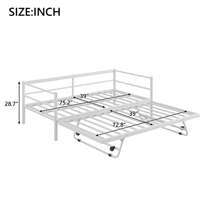 Giga industrial metal daybed with adjustable pop-up trundle and LED strip lighting in a modern bedroom setting.