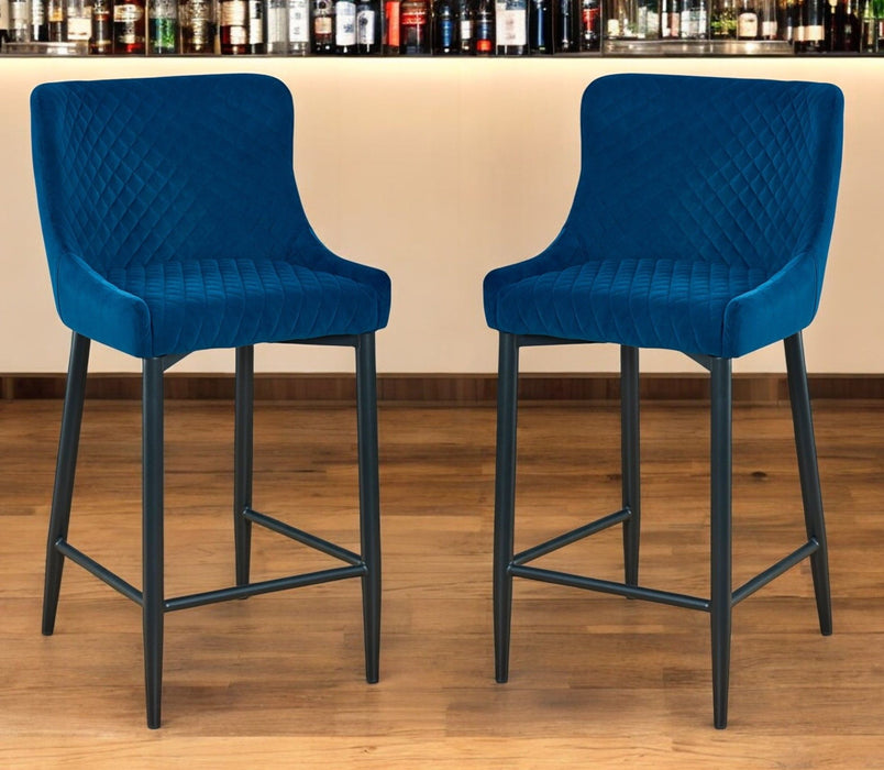 26" Velvet And Metal Low Back Counter Height Bar Chairs (Set of 2) - Blue / Black