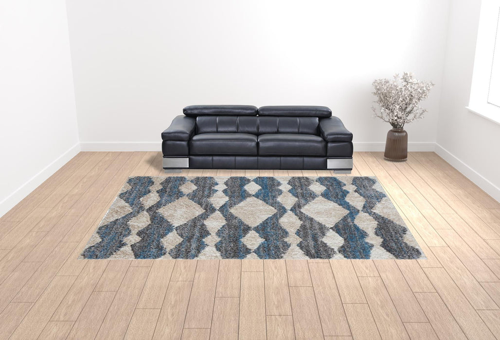 10' x 14' Chevron Power Loom Stain Resistant Area Rug - Ivory Gray And Blue