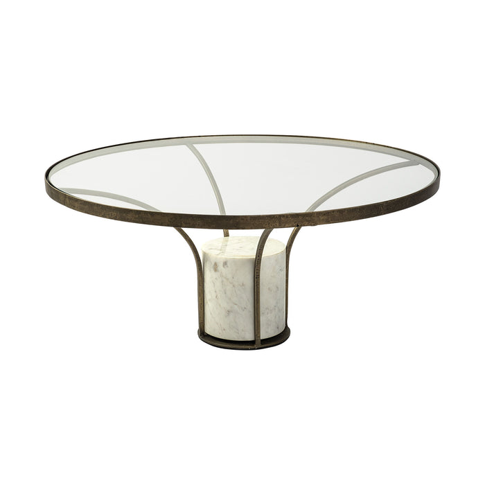Glass And Stone Round Coffee Table - Clear And White And Gold