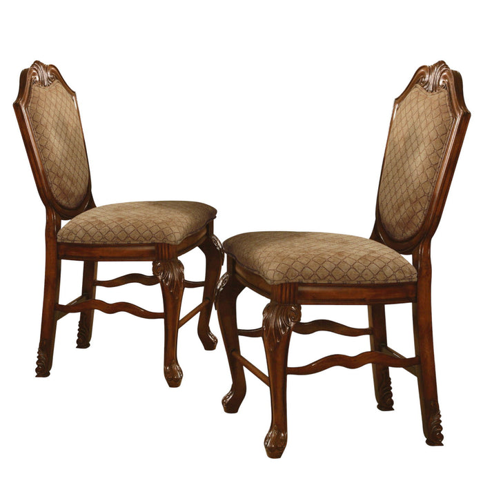 Set of two beige and brown fabric and solid wood counter height bar chairs by HomeRoots, featuring cushioned seats and sleek design.