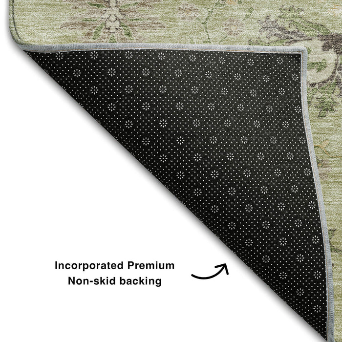 10' X 14' Floral Washable Area Rug With UV Protection (687029) - Artichoke Green / Gold / Beige