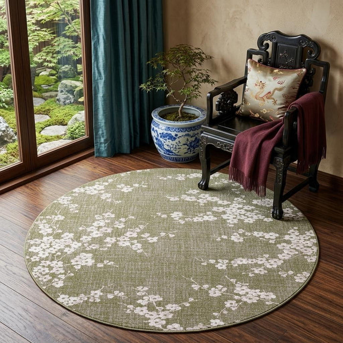 5' Oriental Washable Non Skid Round Rug (548787) - Green / White
