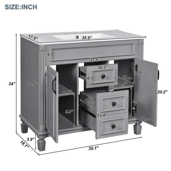 Giga bathroom vanity with top sink, basin on cabinet, two soft-closing doors, and two drawers, modern and functional bathroom storage.