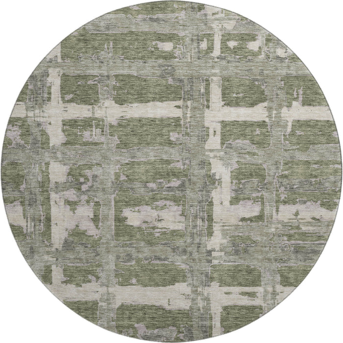 8' Striped Washable Round Rug With UV Protection - Olive Green And Beige