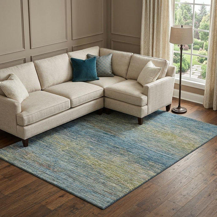 10' X 14' Striped Washable Area Rug With UV Protection (692625) - Denim Blue / Olive Green