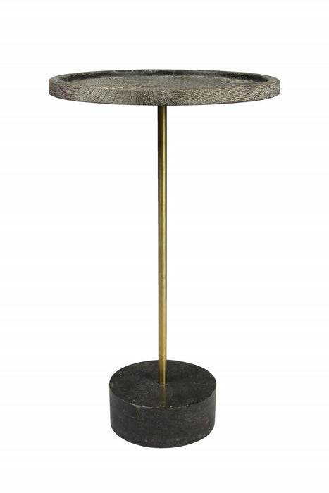 26" Solid Wood And Marble Round End Table - Black And Brown
