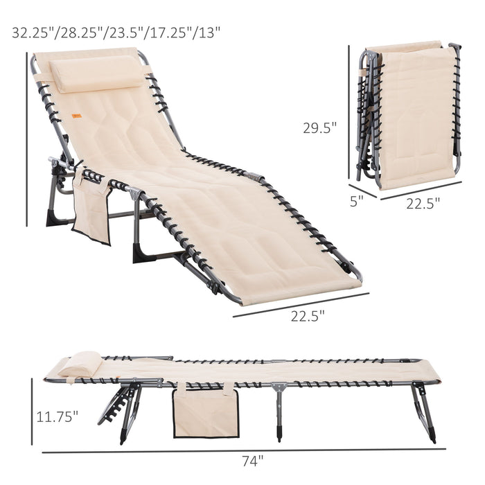 Giga Outsunny beige padded folding lounge chair with 6-level recline, headrest, suitable for outdoor use at beach, yard, or patio
