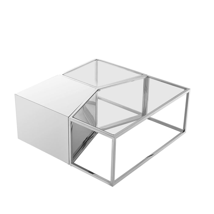 Set of three HomeRoots glass and stainless steel square mirrored coffee tables with clear glass tops and silver frames.