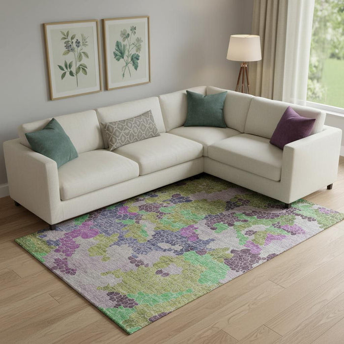 10' X 14' Geometric Washable Area Rug With UV Protection (707695) - Fern Green / Eggplant / Blush