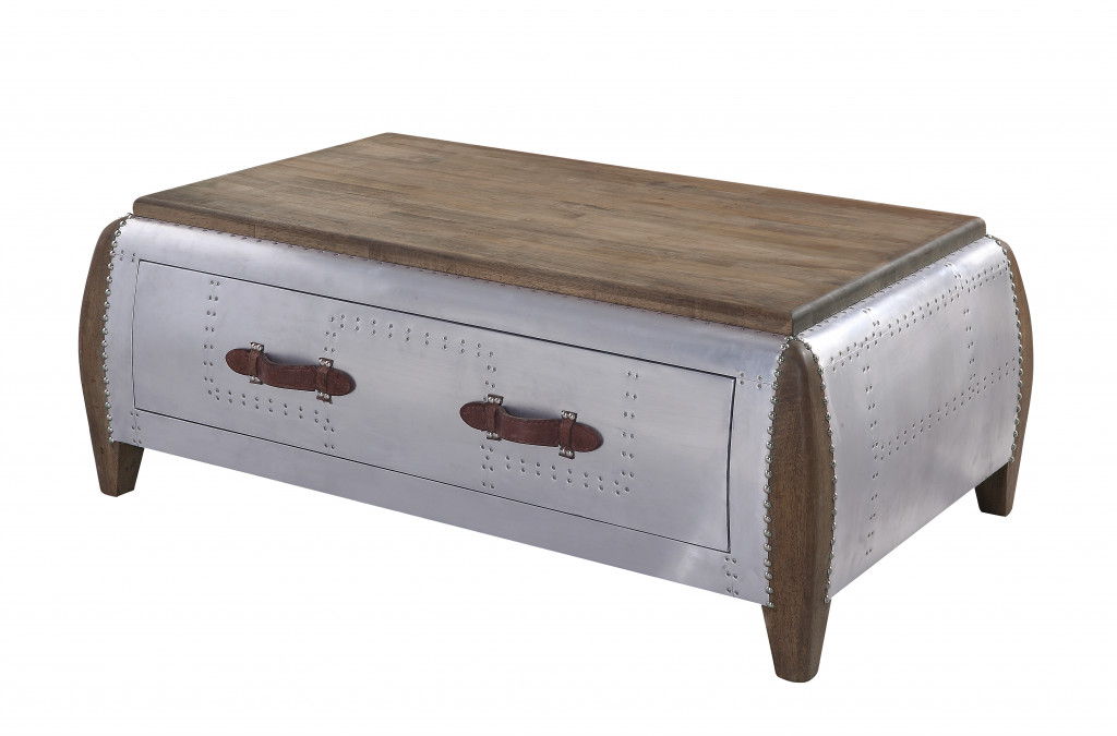 Solid Wood And Aluminum Coffee Table With Drawer - Brown And Gray