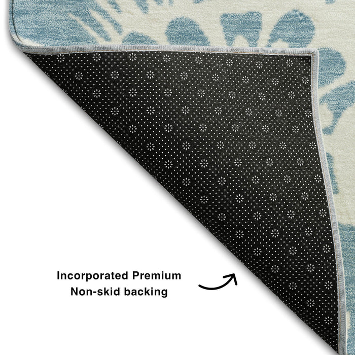 8' X 10' Floral Washable Area Rug With UV Protection (648638) - Denim Blue / Ivory