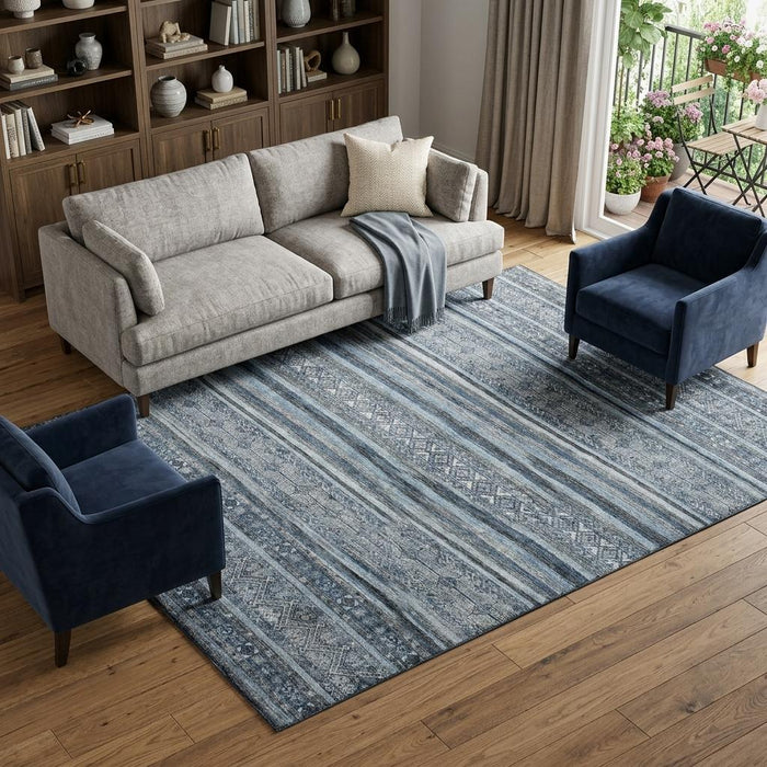 10' X 14' Striped Washable Area Rug With UV Protection (696176) - Blue / Gray