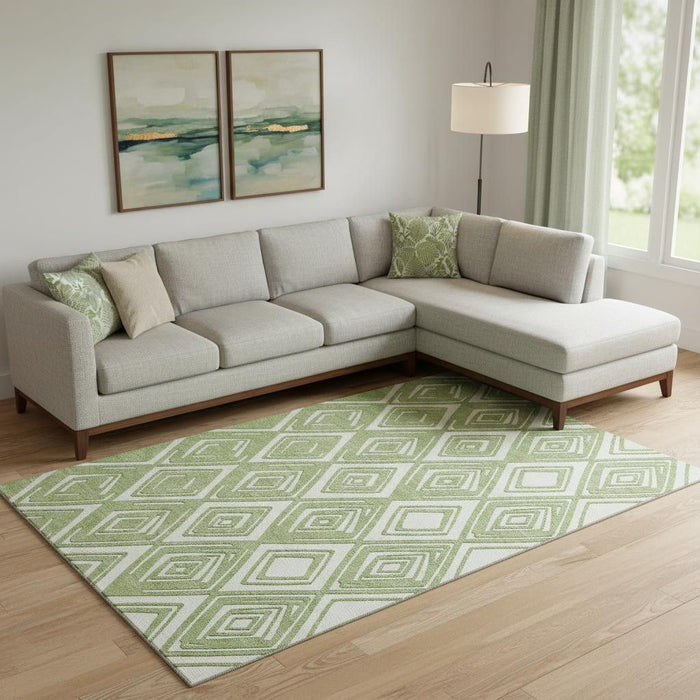 10' X 14' Geometric Washable Area Rug With UV Protection (668403) - Green / Ivory