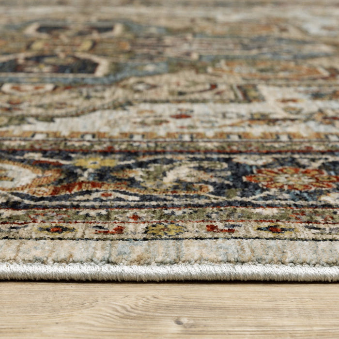 10' x 13' Oriental Power Loom Stain Resistant Area Rug With Fringe - Ivory Beige Blue Orange Gold Green Gray And Rust