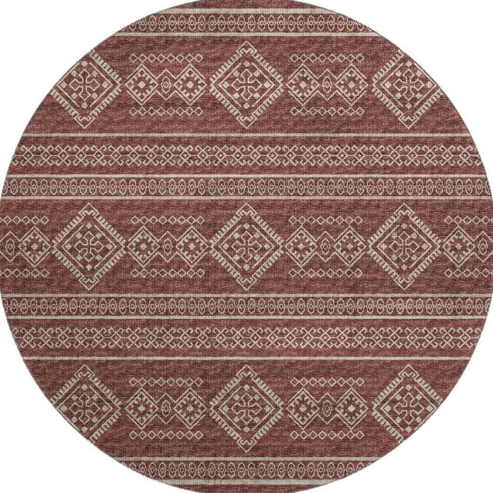8' Tribal Washable Round Rug With UV Protection - Burnt Sienna And Ivory