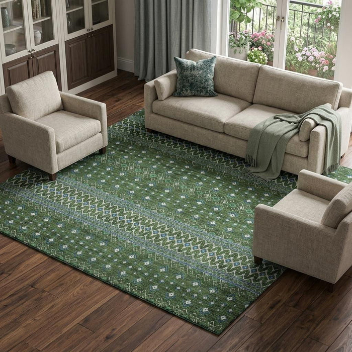 10' X 14' Tribal Washable Area Rug With UV Protection (657131) - Olive Green / Blue / Ivory
