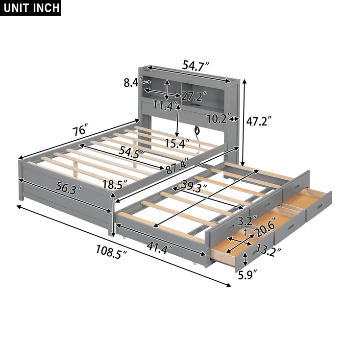 Gray Giga full size platform bed with trundle, drawers, USB ports, and built-in shelves, shown with mattress and bedding.